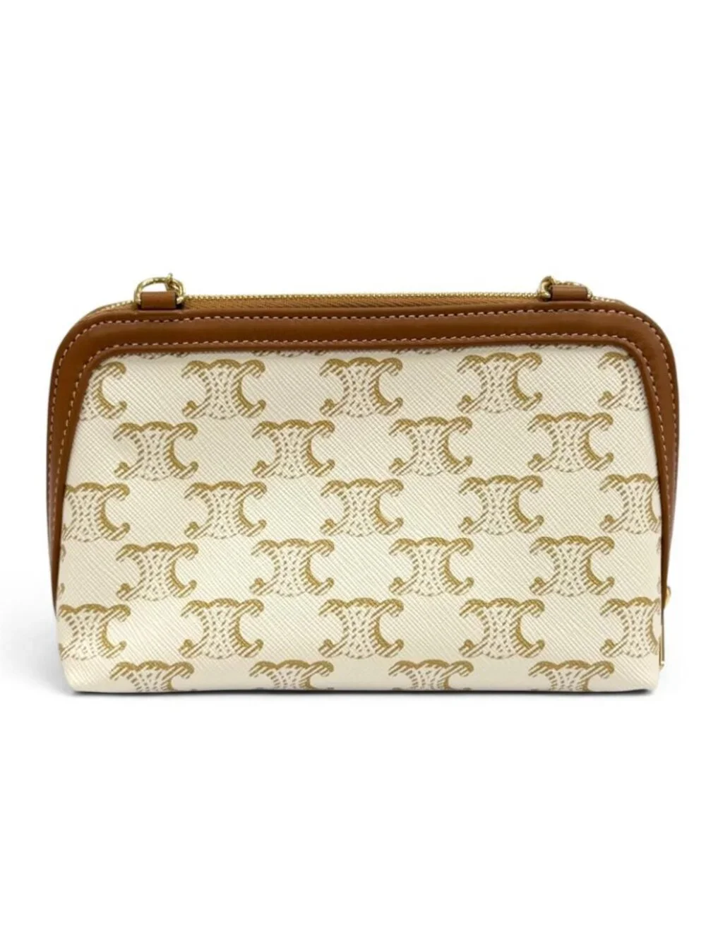 Celine Triomphe Canvas Logo Chain Clutch Shoulder Bag Off White Brown